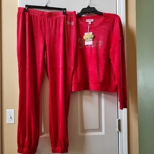 Juicy Couture Velour Red Tracksuit 2 pc set Pullover Top & Jogger Pants Size L
